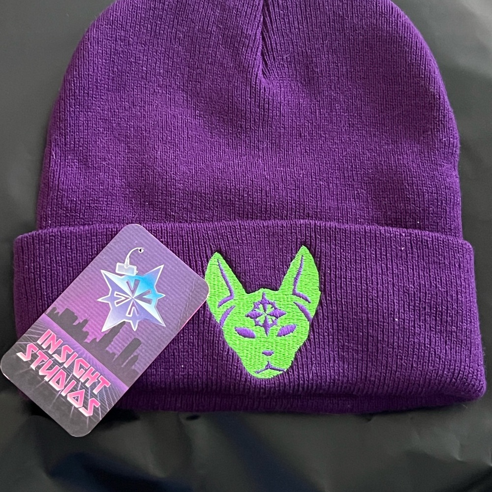 NEW NEVER USED Purple Beanie Hat With Cool Cat Logo By Insight Studios-Unisex